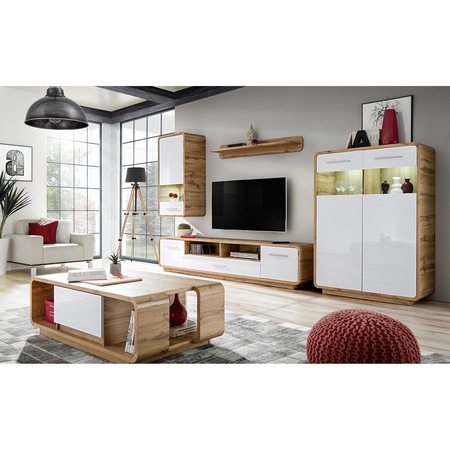 Living Kring Milano cu lumini, 338 x 195 x 40 cm, Stejar/Alb Lucios