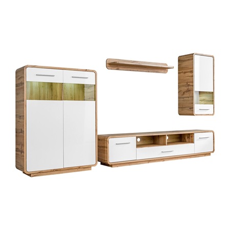 Living Kring Milano cu lumini, 338 x 195 x 40 cm, Stejar/Alb Lucios