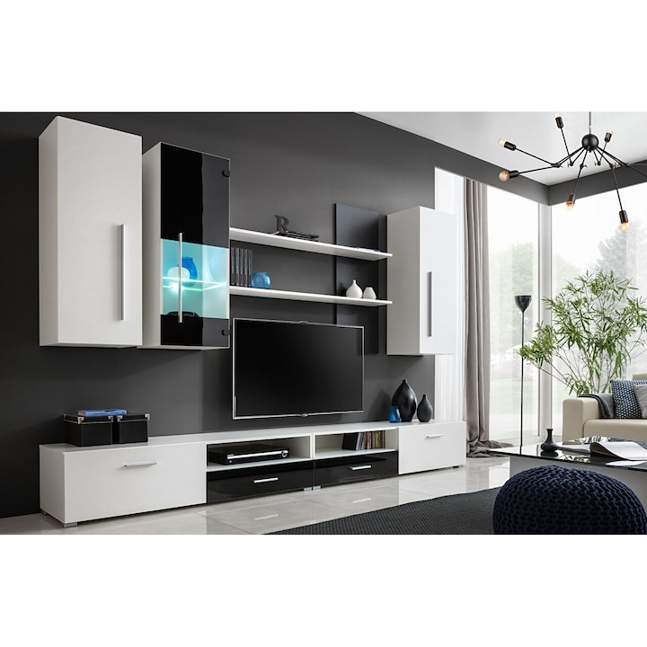 Комплект мебели за дневна Kring Torino със светлини, 290 x 195 x 45 см, Бял/Черен