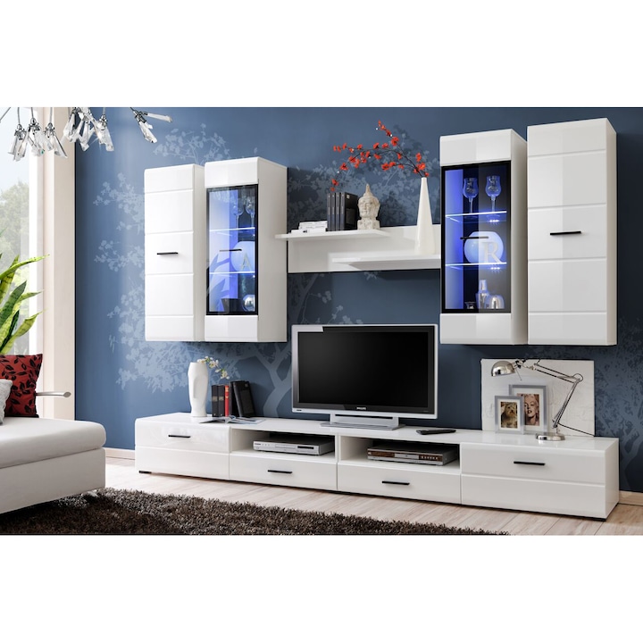 Комплект мебели за дневна Kring Viena със светлини, 280 x 195 x 46 см, Бял/Бял гланц