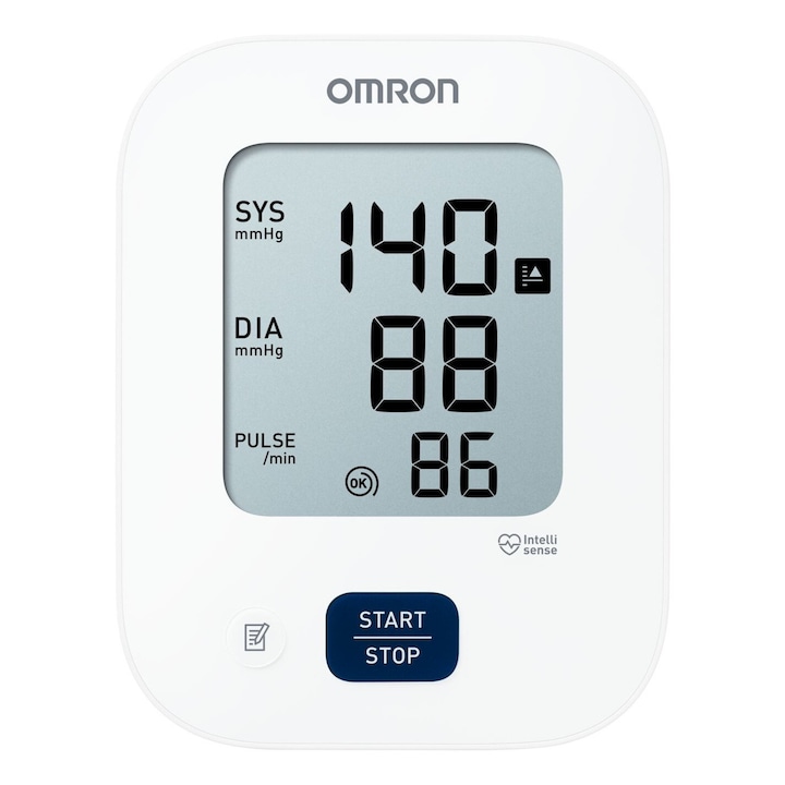 Апарат за измерване на кръвно налягане Omron M2+, Технологията Intellisense, голям маншет 22-42 см, Оригинален AC адаптер Omron, Бял/Сив
