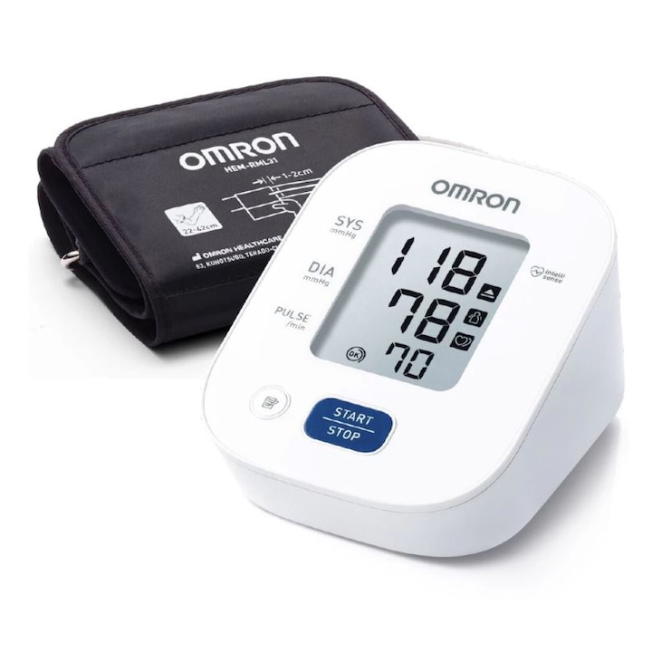 Апарат за измерване на кръвно налягане Omron M2+, Технологията Intellisense, голям маншет 22-42 см, Оригинален AC адаптер Omron, Бял/Сив