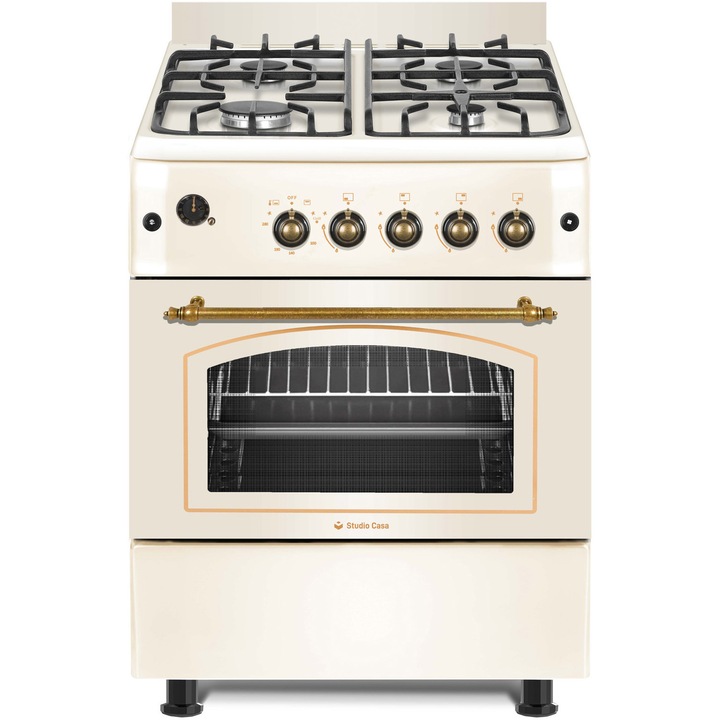 Aragaz rustic Studio Casa Sienna 60x60 cm, Cuptor Gaz+ Ventilatie Turbo, 4 ochiuri gaz, Rotisor, Grill gaz, Gratare fonta, Crem