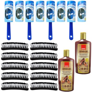 Pachet - 10 x Perie haine/pantofi din plastic, maro, 16cm + 4 x Rola de scame cu rezerva + 2 x Sano crema pentru articole din piele, 500ml Pachet - 10 x Perie haine/pantofi din plastic, maro, 16cm + 4 x Rola de scame cu rezerva + 2 x Sano crema pentru articole din piele, 500ml
