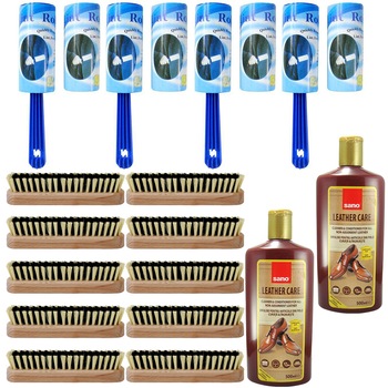 Pachet - 10 x Perie haine/pantofi din lemn natur, 16cm + 4 x Rola de scame cu rezerva + 2 x Sano Lotiune pentru articole din piele, 500ml Pachet - 10 x Perie haine/pantofi din lemn natur, 16cm + 4 x Rola de scame cu rezerva + 2 x Sano Lotiune pentru articole din piele, 500ml