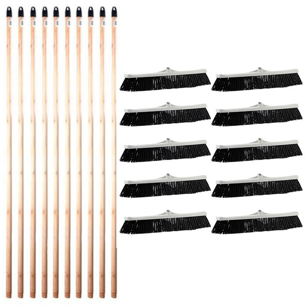 Pachet (10 + 10) - 10 x Matura stradala cu filet, Caldaram, Gri, Perie de maturat pentru strada si curte, Atasabila, 57cm + 10 x Coada din lemn cu filet, Pentru matura si mop, 120cm