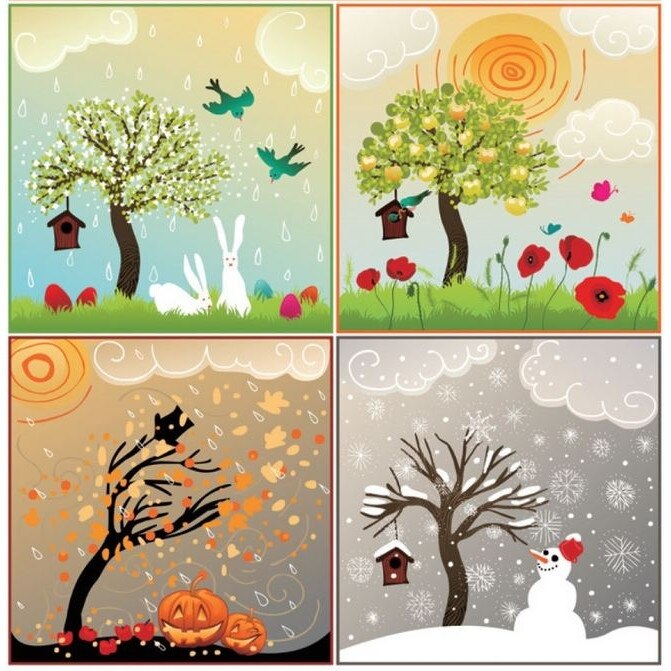 Set 4 stickere pentru geam, patru anotimpuri, 30 x 30 cm