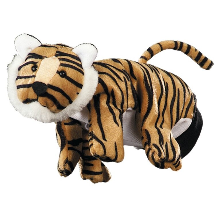 Papusa de mana Beleduc, material textil, model tigru