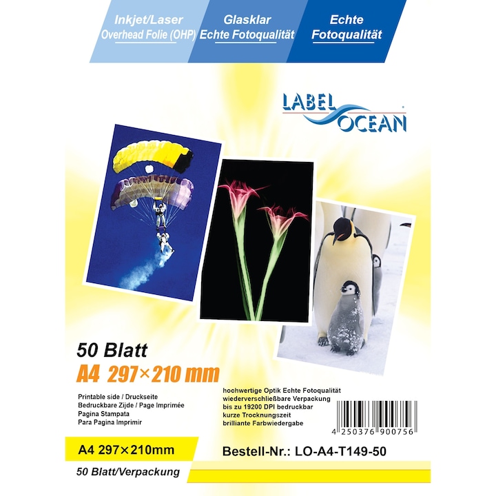 Set de 50 Coli Folie Transparenta Retroproiector OHP LabelOcean A4 Laser si Jet de Cerneala