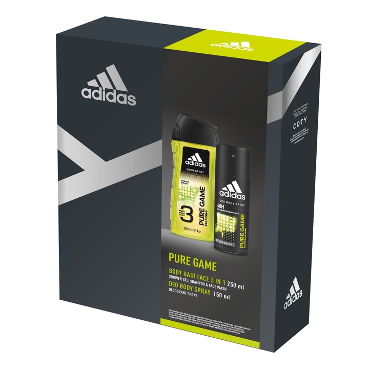 Комплект Adidas Pure Game, Мъже: Дезодорант, 150 мл + Душ гел, 250 мл