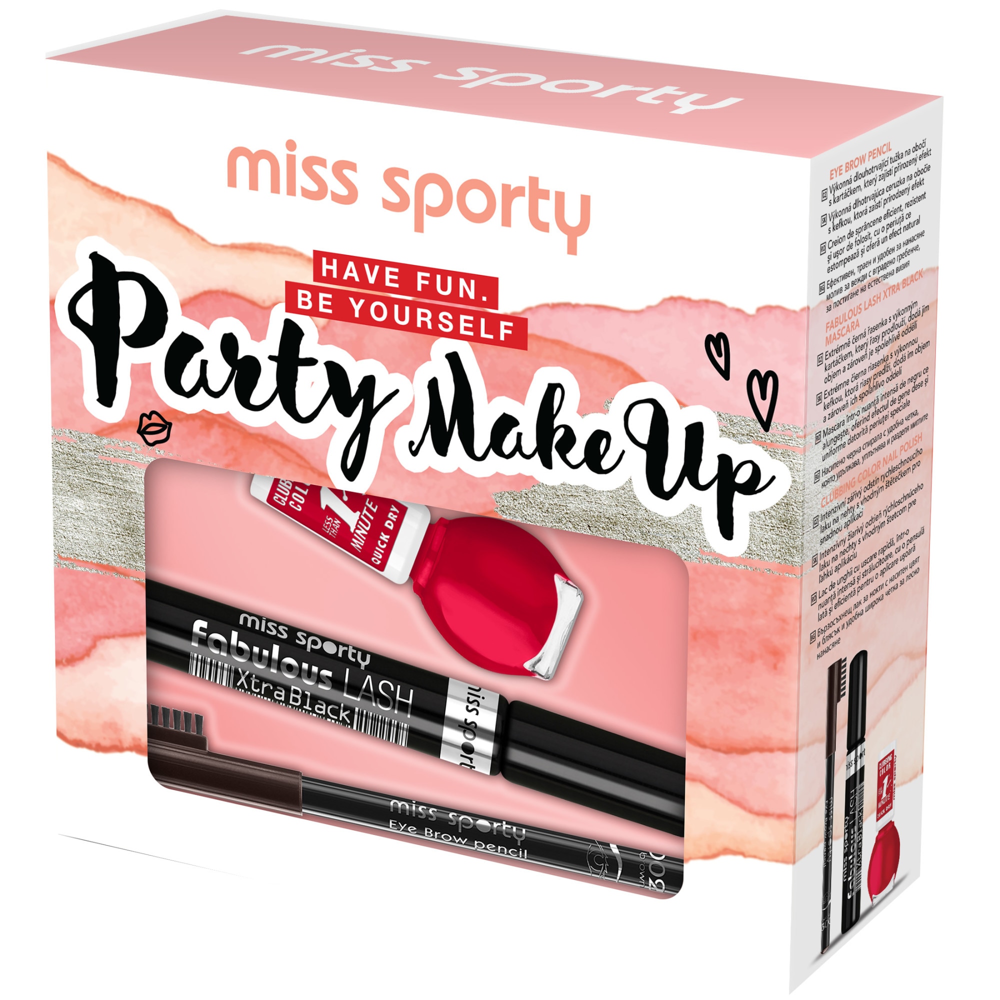 Set Miss Sporty: Mascara Fabulous Lash, Extra Black, 8 ml + Lac de unghii Clubbing Color, 130 Red Fever, 7 ml + Creion pentru sprancene, 002 Brown, 4 g