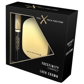 Set Max Factor: Fond de ten compact Facefinity, 002 Ivory, 10 g + Mascara Masterpiece Lash Crown, Black, 6.5 ml Set Max Factor: Fond de ten compact Facefinity, 002 Ivory, 10 g + Mascara Masterpiece Lash Crown, Black, 6.5 ml