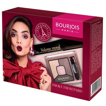 Set Bourjois: Mascara Volume Reveal, 22 Ultrablack, 7.5 ml + Paleta de farduri pentru pleoape Smoky Stories, 3.2 g Set Bourjois: Mascara Volume Reveal, 22 Ultrablack, 7.5 ml + Paleta de farduri pentru pleoape Smoky Stories, 3.2 g