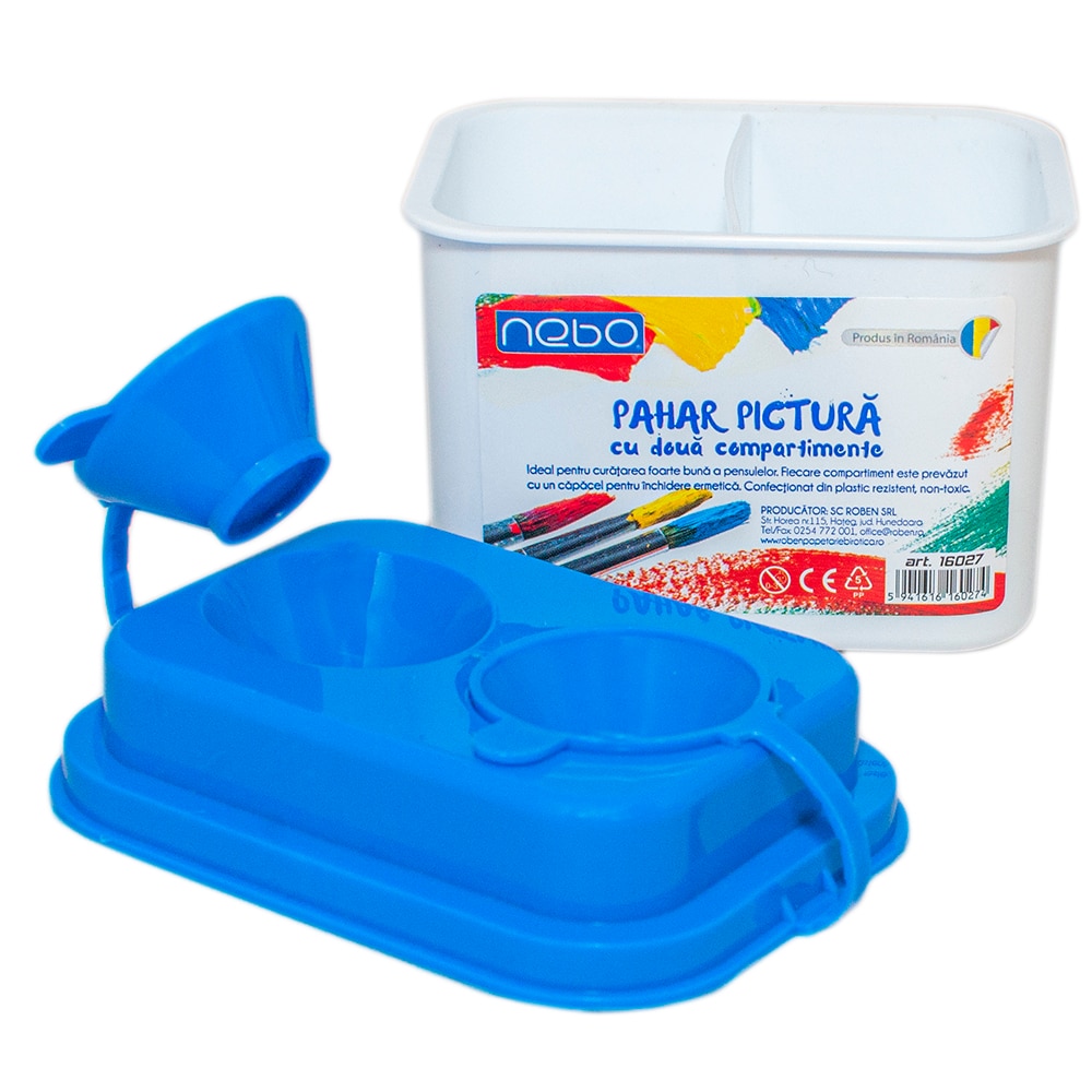 Pahar pentru pictura NEBO cu 2 compartimente , lungime 9,5 cm , capac Albastru , Robentoys®