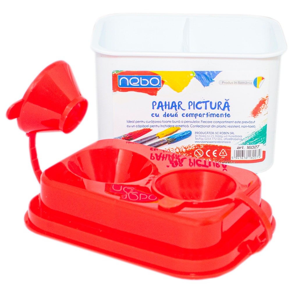 Pahar pentru pictura NEBO cu 2 compartimente , lungime 9,5 cm , capac Rosu , Robentoys®