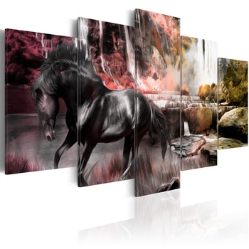 Tablou canvas 5 piese - Cal negru pe fondul cerului crimson - 200x100 cm Tablou canvas 5 piese - Cal negru pe fondul cerului crimson - 200x100 cm