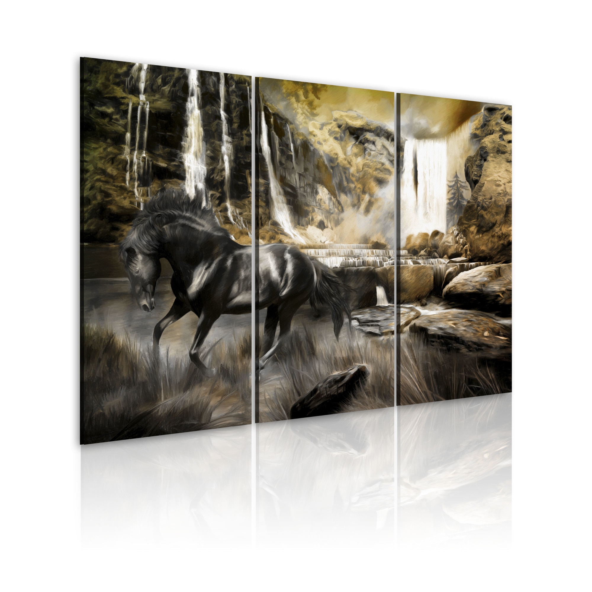 Tablou canvas 3 piese - Cal negru si cascada stancoasa - 120x80 cm