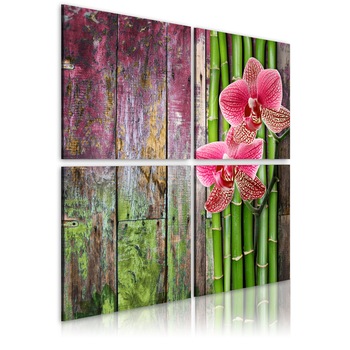 Tablou canvas 4 piese - Bambus si orhidee - 80x80 cm