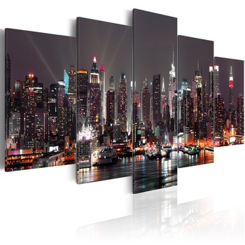 Tablou canvas 5 piese - Manhattan noaptea - 200x100 cm Tablou canvas 5 piese - Manhattan noaptea - 200x100 cm
