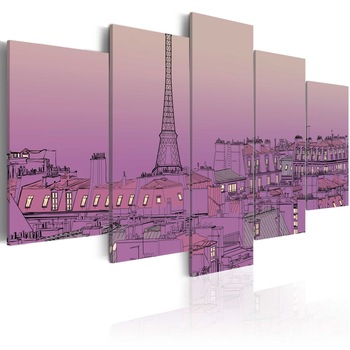 Tablou canvas 5 piese - Rasarit de soare la Paris - 100x50 cm Tablou canvas 5 piese - Rasarit de soare la Paris - 100x50 cm