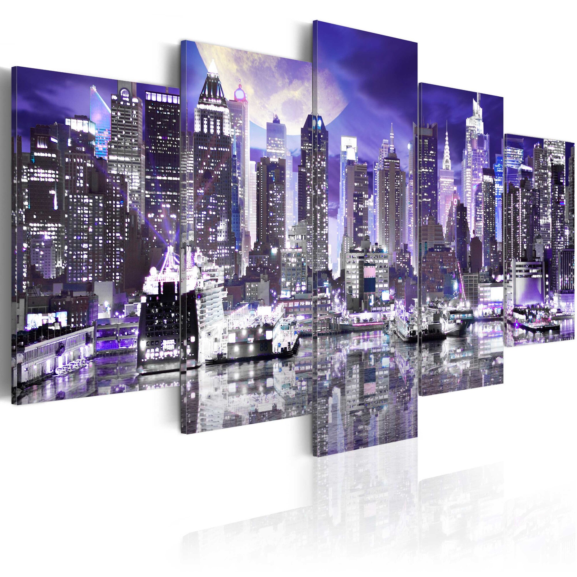 Tablou canvas 5 piese - Luna luminata In New York City - 200x100 cm