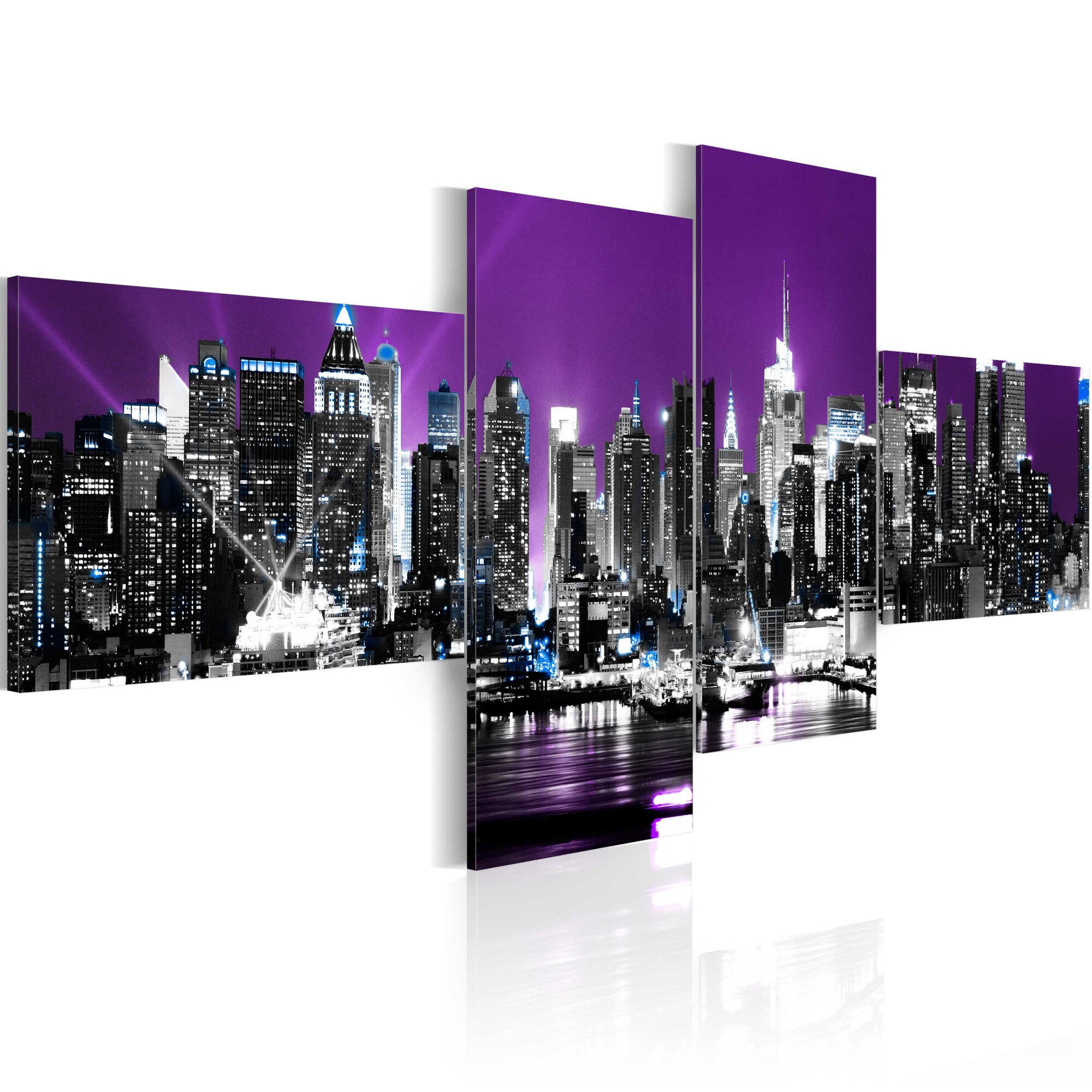 Tablou canvas 4 piese - New York pe fond violet - 200x90 cm