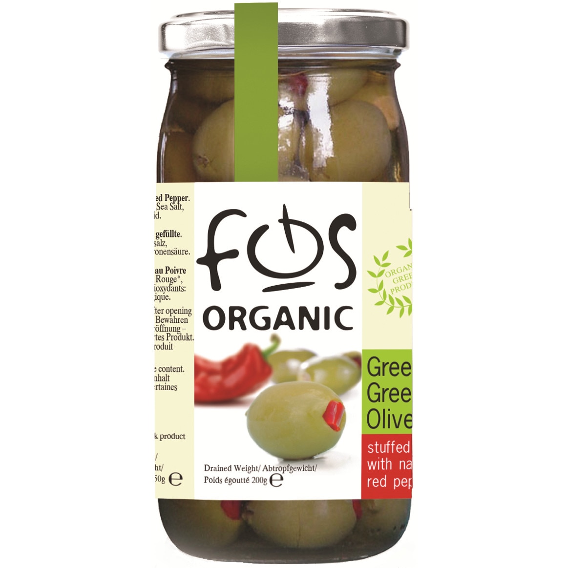 Masline verzi cu ardei natural 350g FOS Bio