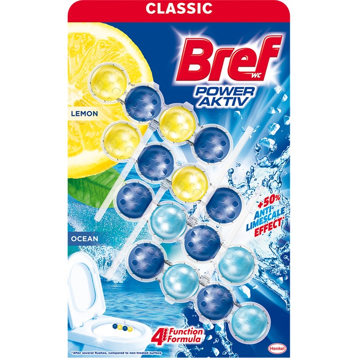 Bref Power Lemon/Ocean wc tisztító és illatosító, 4x50 g