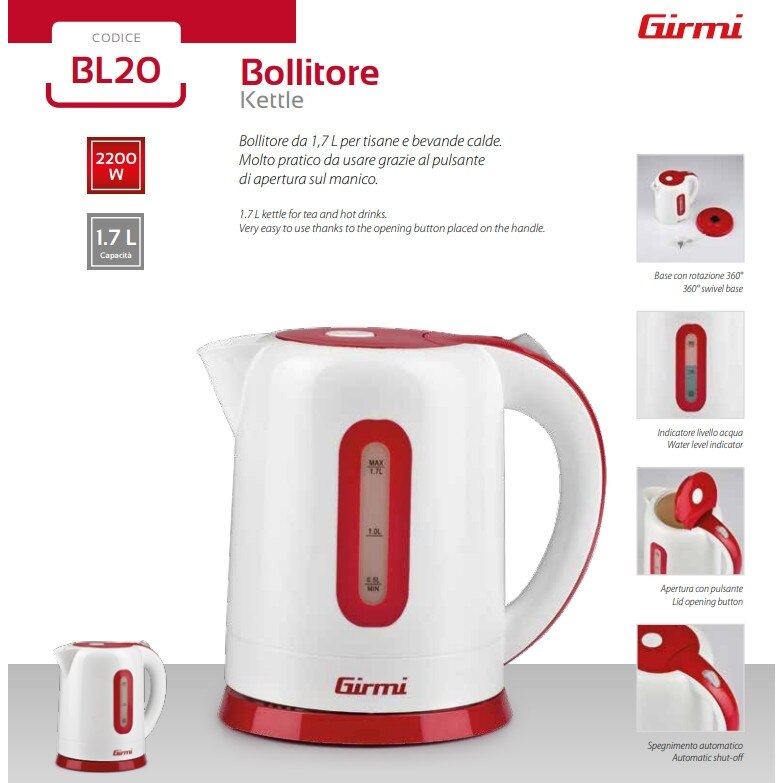 Cana electrica Girmi - BL20 1.7l, 1850W, oprire automata, protectie la supraincalzire , baza rotatie 360 grade