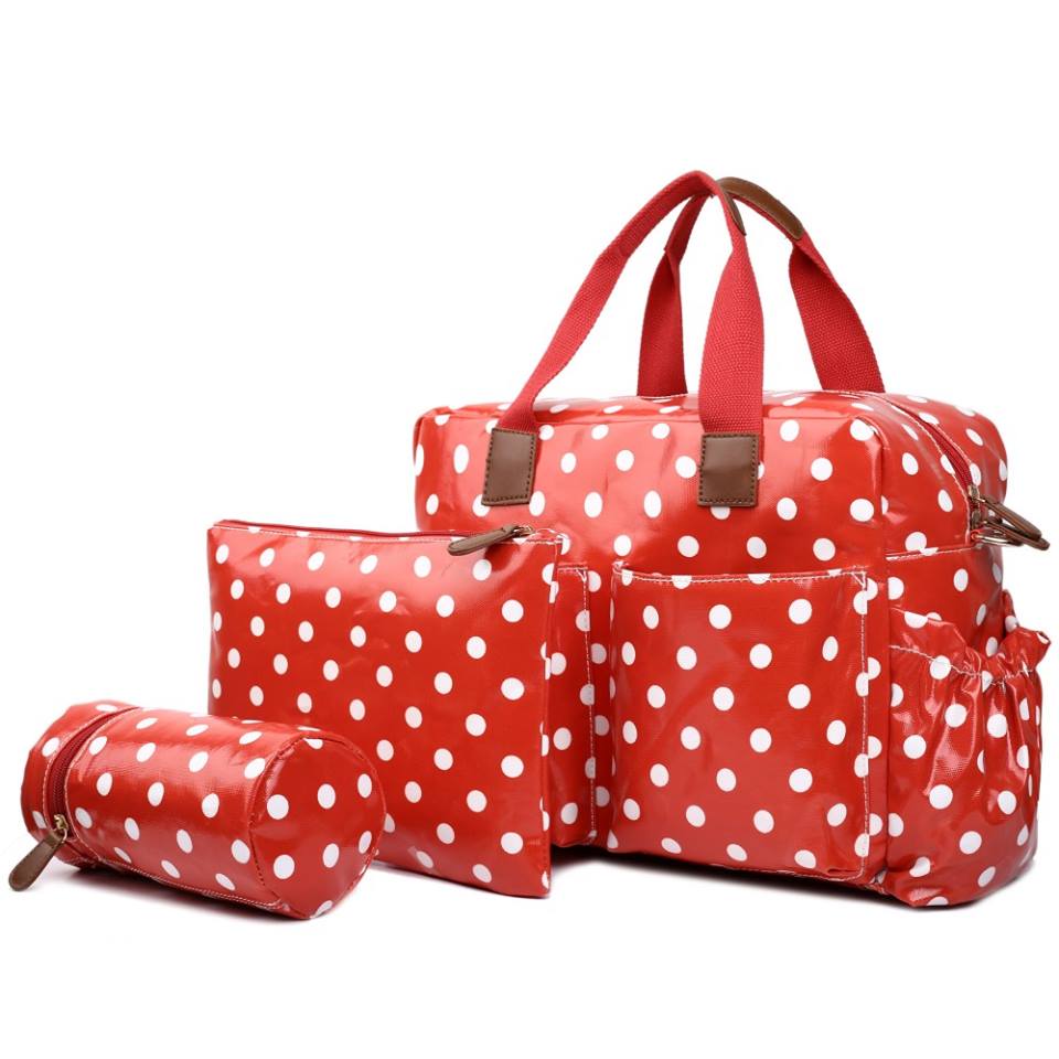 Set genti, 4 piese, mamici, rosu cu buline albe, 37x27x17 cm