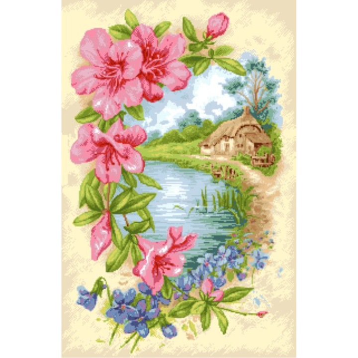 Peisaj inflorit - kit goblen cu diagrama alb-negru, Rogoblen