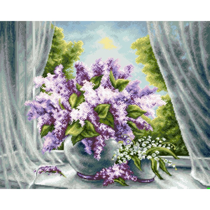 Goblen Parfum de liliac - Rogoblen, kit cu diagrama alb-negru, ate si panza bej caroiata, dim 20x25 cm