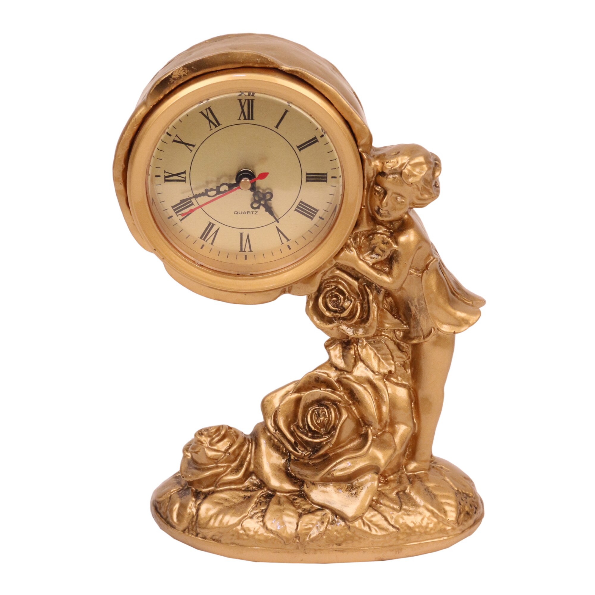 Statueta decorativa din rasina, cu Ceas incorporat, Auriu, 24 cm