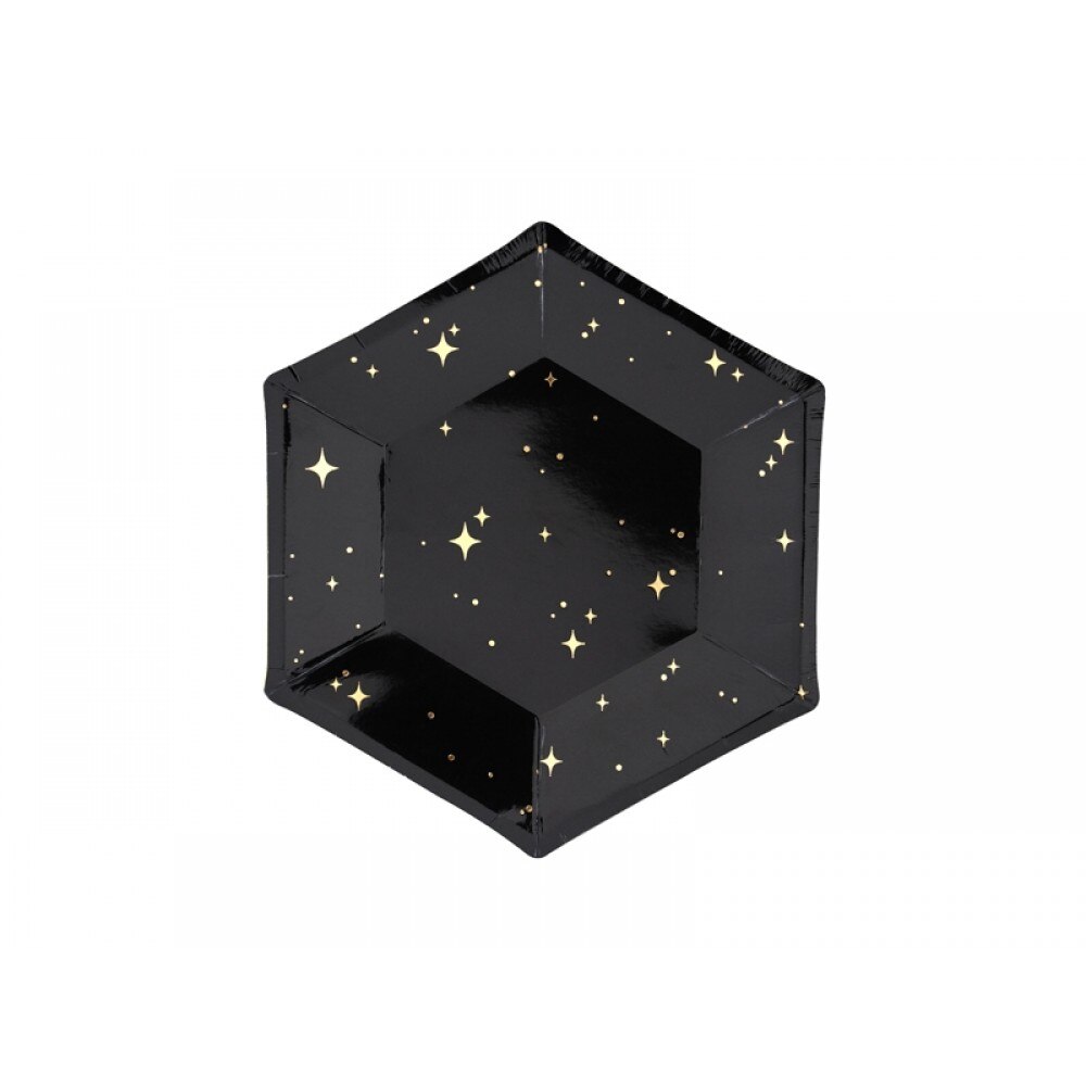 Farfurii din carton, hexagon, Negru cu stelute aurii, 20 cm, 6buc