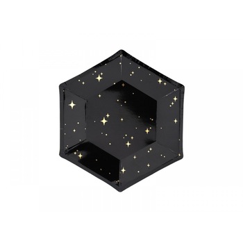 Farfurii din carton, hexagon, Negru cu stelute aurii, 20 cm, 6buc Farfurii din carton, hexagon, Negru cu stelute aurii, 20 cm, 6buc