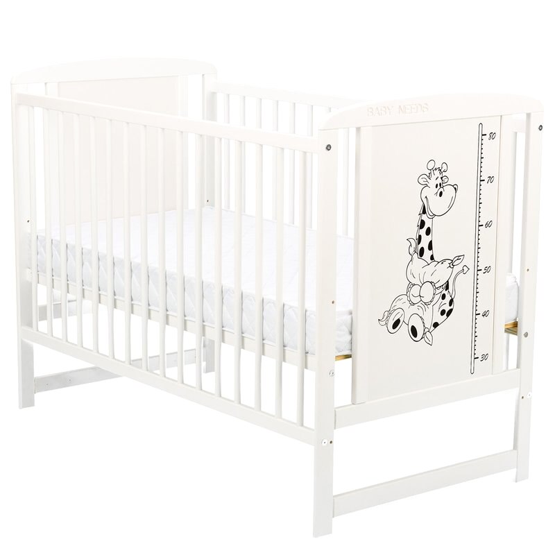 Patut din lemn, BabyNeeds, Timmi Girafa, Din lemn de pin si mdf, Stabil si rezistent, Inaltime saltea reglabila pe 3 nivele, Laterala cu 3 bete detasabile, 120x60 cm, Alb