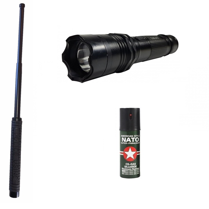 KIT BTG-150 autoaparare (2in1 Electrosoc+Lanterna ) Baston telescopic Police 50 cm + Spray Nato Paralizant