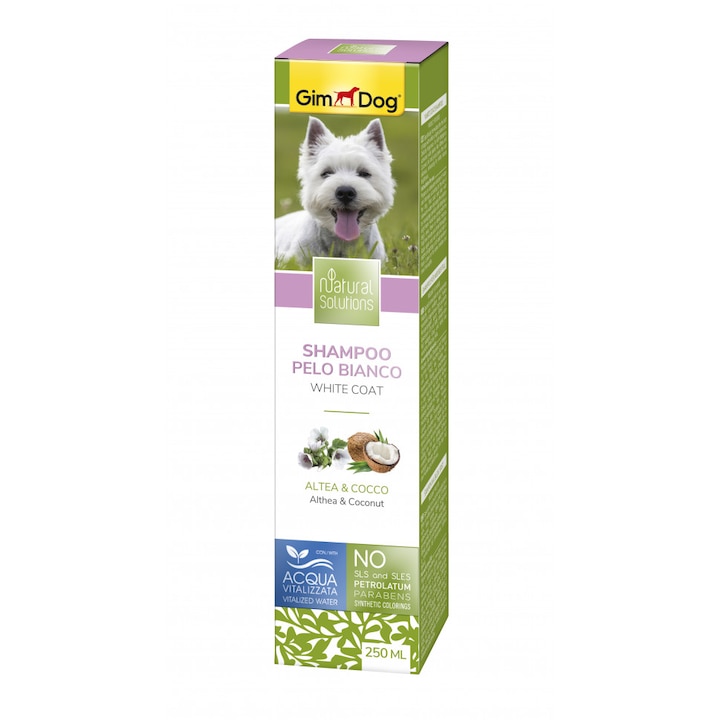 Шампоан за кучета Gimdog Natural Solutions, С бяла и светла козина, С лечебна ружа и кокосов орех, 250 ml