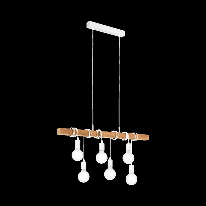 Pendul vintage Townshend, EGLO, E27, 6x60W, otel, alb, lemn, maro, 110 x 100 x 10 cm, inaltime reglabila
