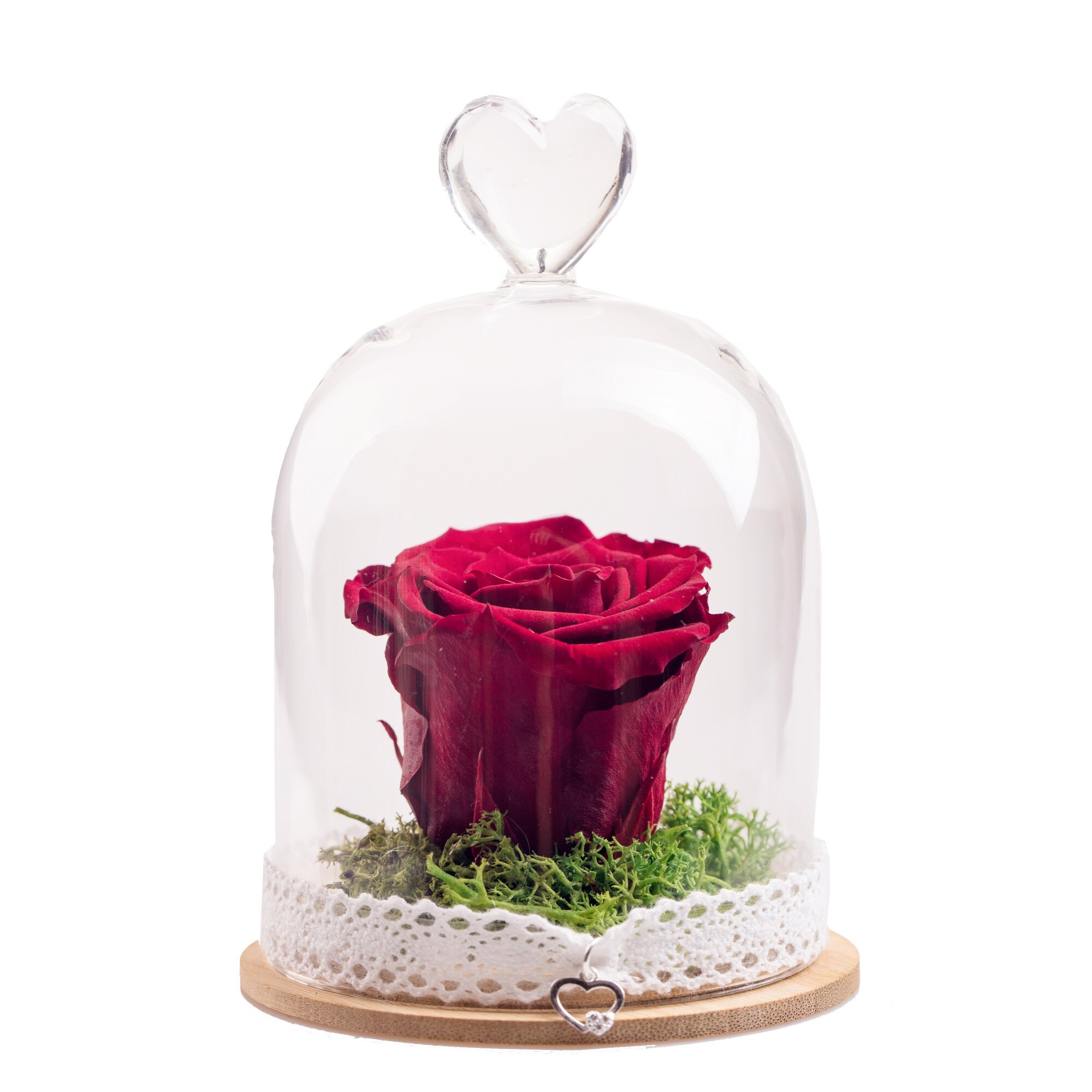 Trandafir criogenat rosu, Rose Amor, cupola de sticla inima 9 cm, pandant de argint cadou