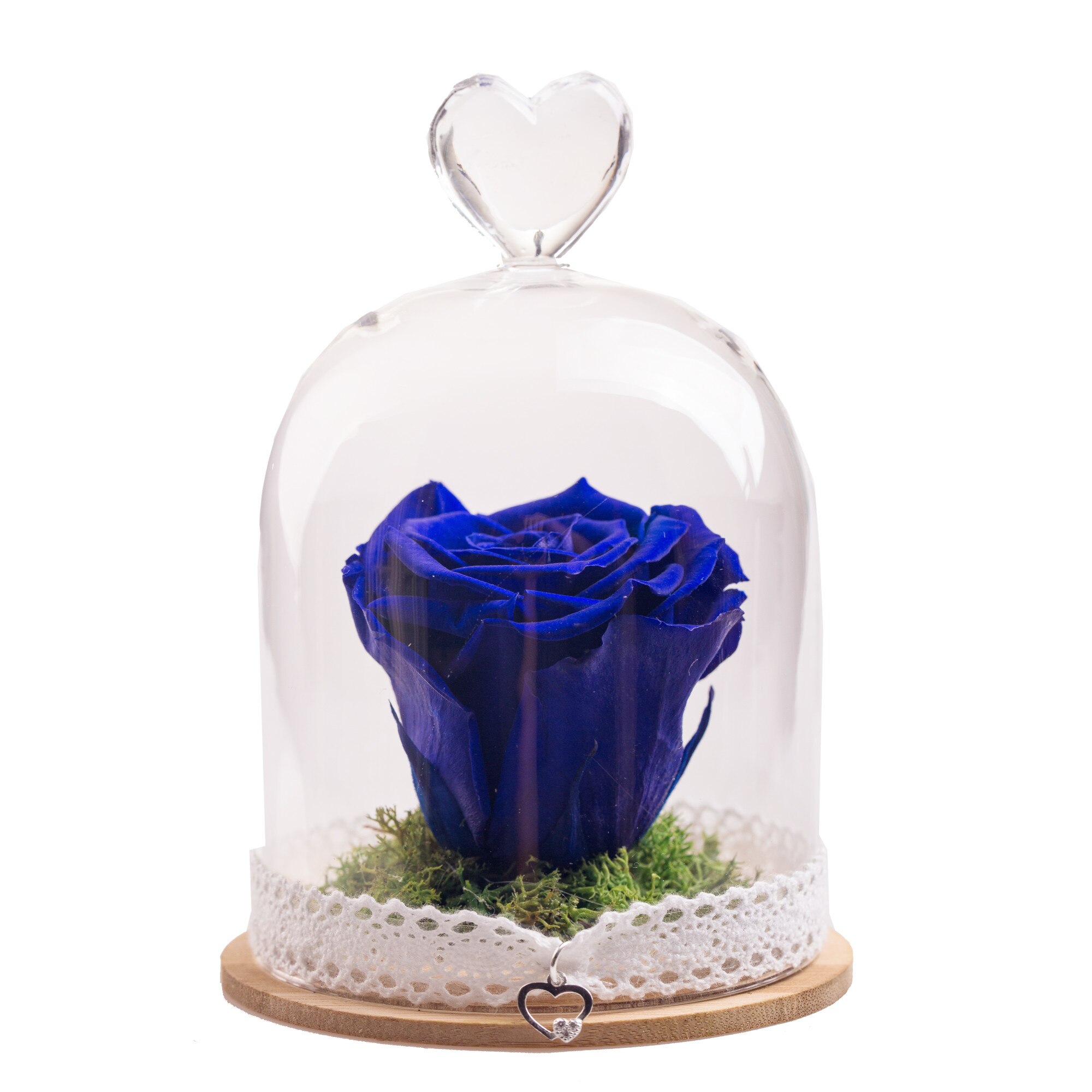 Trandafir criogenat albastru, Rose Amor, cupola de sticla inima 9 cm, pandant de argint cadou