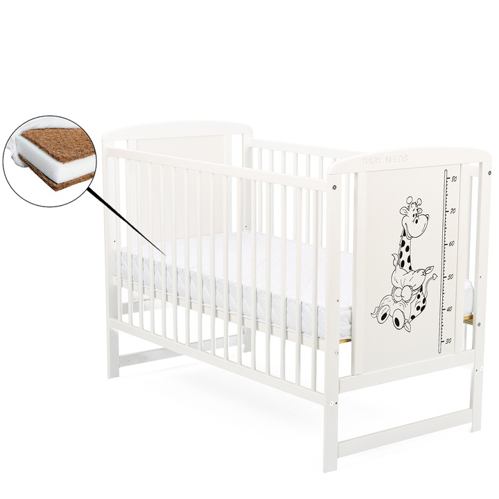 Patut din lemn bebe, 120x60 cm, Din lemn de pin si mdf, Stabil si rezistent, Inaltime saltea reglabila pe 3 nivele, Laterala cu 3 bete detasabile, EN716-1, EN716-2, Alb, Babyneeds, Timmi Girafa + Saltea 10 cm