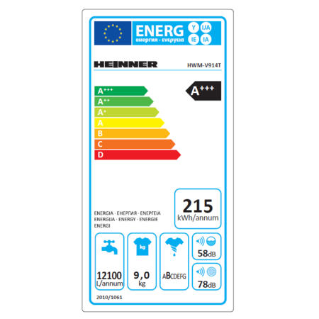 Masina de spalat rufe Heinner HWM-V914T, 9 Kg, 1400 RPM, Clasa A+++, Display Digital, Touch control, Sistem Eco Logic, Alb