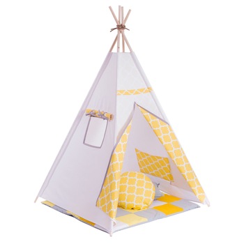 Set Cort de joaca teepee Raze de soare, Montessori, bumbac 100% certificat, 105 x 105 x 176 cm, include salteluta de joaca si doua perne, Dandelion Set Cort de joaca teepee Raze de soare, Montessori, bumbac 100% certificat, 105 x 105 x 176 cm, include salteluta de joaca si doua perne, Dandelion