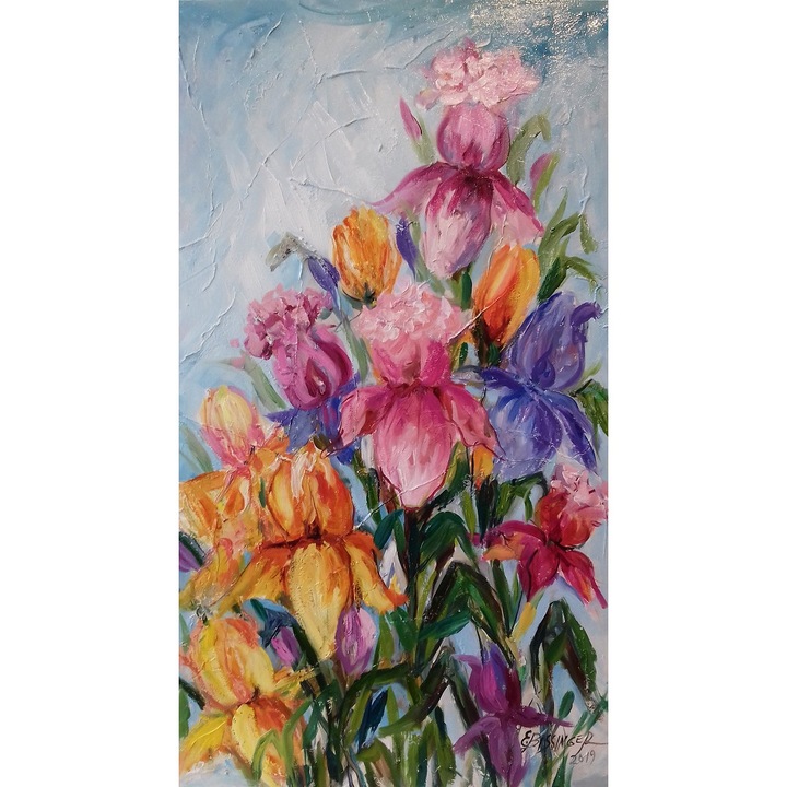 Tablou cu trandafiri galbeni si rosii in cutit, Art Bissinger, 50x50 cm