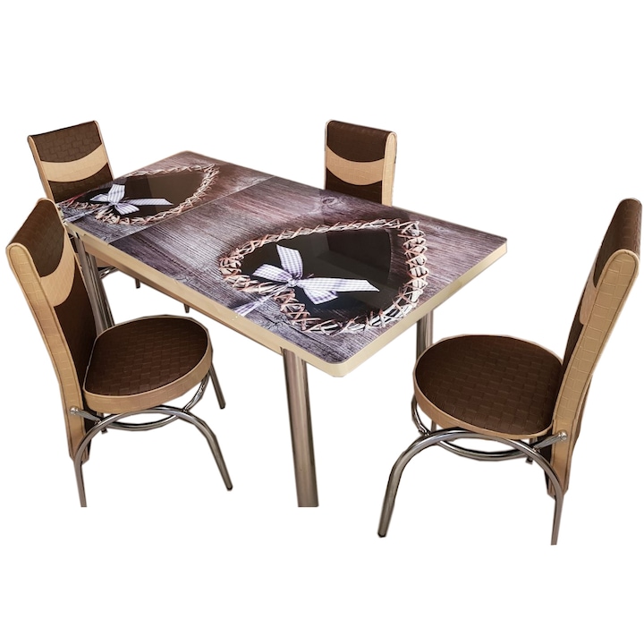 Set masa extensibila cu 6 scaune pentru bucatarie Country Love, maro/crem,, 170x80x70 cm, blat sticla securizata, scaune piele eco