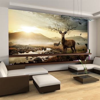 Fototapet vlies - Deers by mountain stream - 450 x 270 cm Fototapet vlies - Deers by mountain stream - 450 x 270 cm