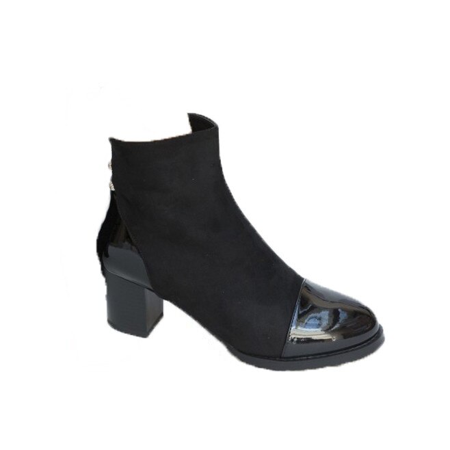 Botine scurte cu varf rotund si toc gros, D&J Exclusive, Negru/Argintiu