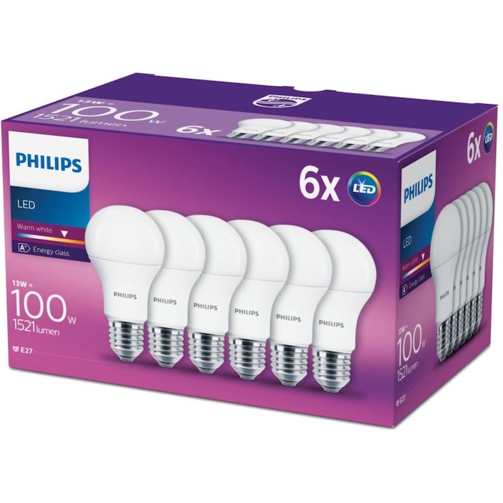 6 LED-es Philips izzó készlet, E27, 13W (100W), 1521 lm, A, meleg fény