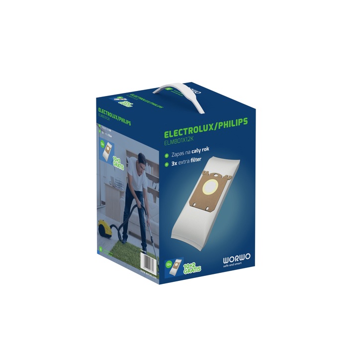 Торбичка за прахосмукачка Perfect Bag Worwo ELMB01X12K, 12 торбички + 3 смукателни филтъра, за прахосмукачки Electrolux Philips